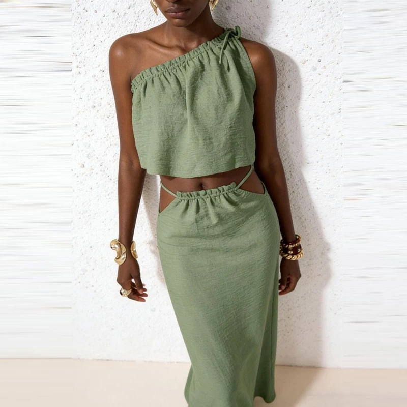 Summer Lace-up Hollow Sets Spring Solid Slim Bodycon Women's Suit Sexy One-shoulder Sleeveless Top & Elastic Waist Skirts Outfit