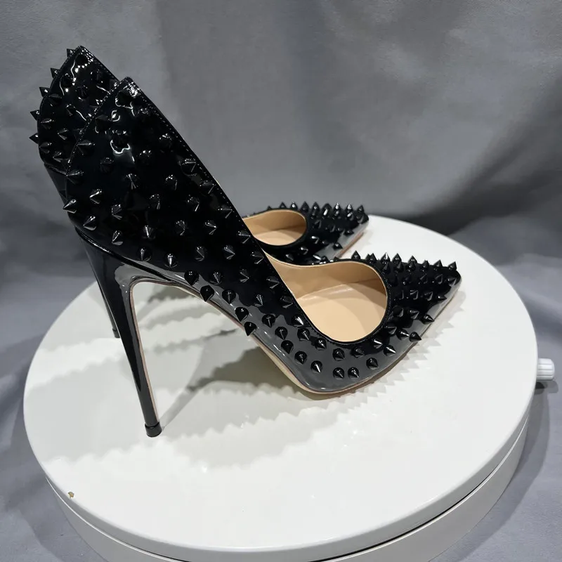 Tikicup Full Spikes Women Black Patent Pointed Toe Extremely High Heels Sexy Ladies Club Party Stiletto Shoes Punk Rivets Pumps