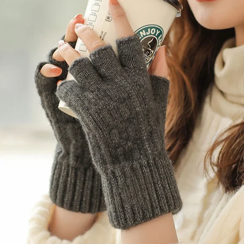 Winter Gloves For Men Half Finger Writting Office Cycling Knitted Gloves Students Alpaca Wool Warm Thick Elastic Driving Gloves