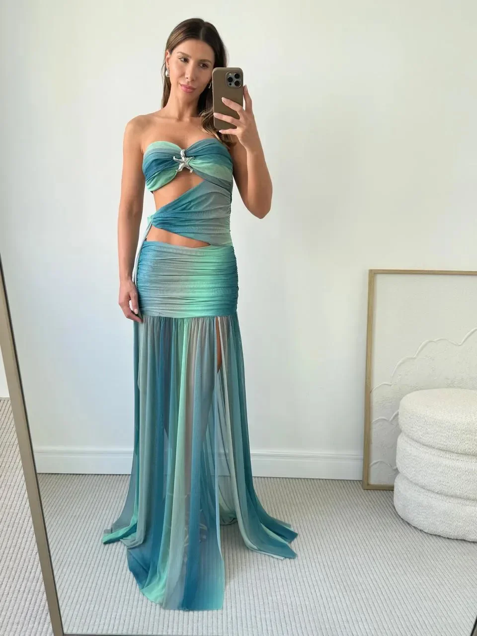 Azul tie-dye cortar maxi vestido feminino sexy praia férias alta divisão bandagem vestidos de verão sem mangas chique robe vestidos