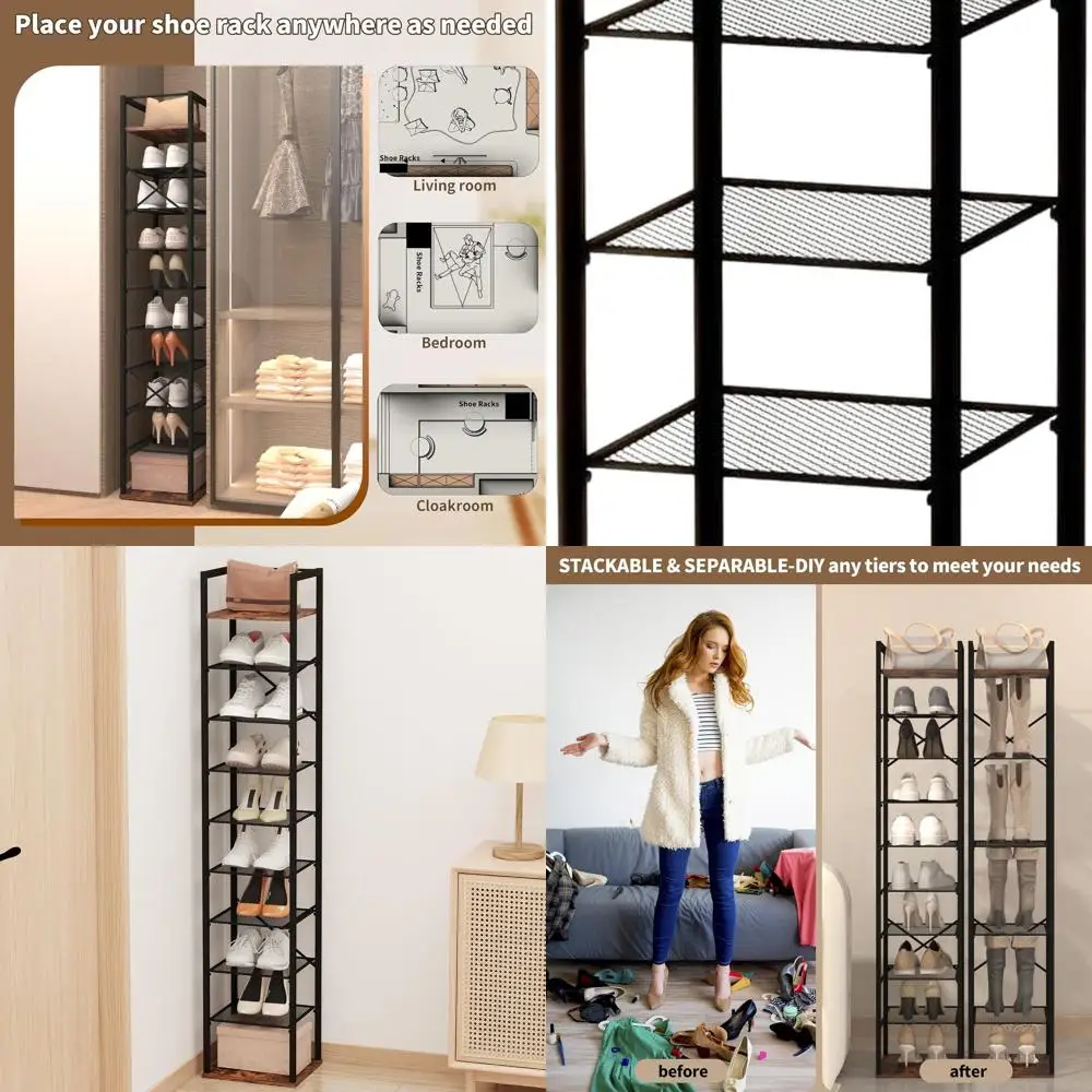 

Vertical 10-Tier Shoe Rack with Hooks, Slim Design for Corner, Adjustable Tall Shoe Storage, Suitable for Entryway, Living Room,