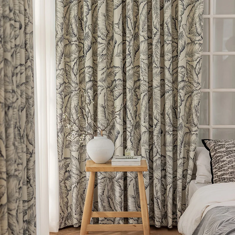 Rustic Leaf Print Blackout Curtains Thermal Insulated For Living Room Bedroom Room Darkening Rod Pocket&Pull pleated Top