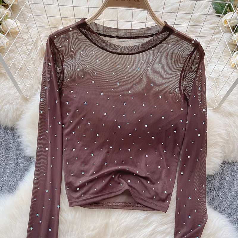 Women Chic Rhinestone Mesh Sheer Long Sleeve Crop Tops Slim Fit Sexy See Through T-shirts Fashion Party Nightclub T-shirt - view 5
