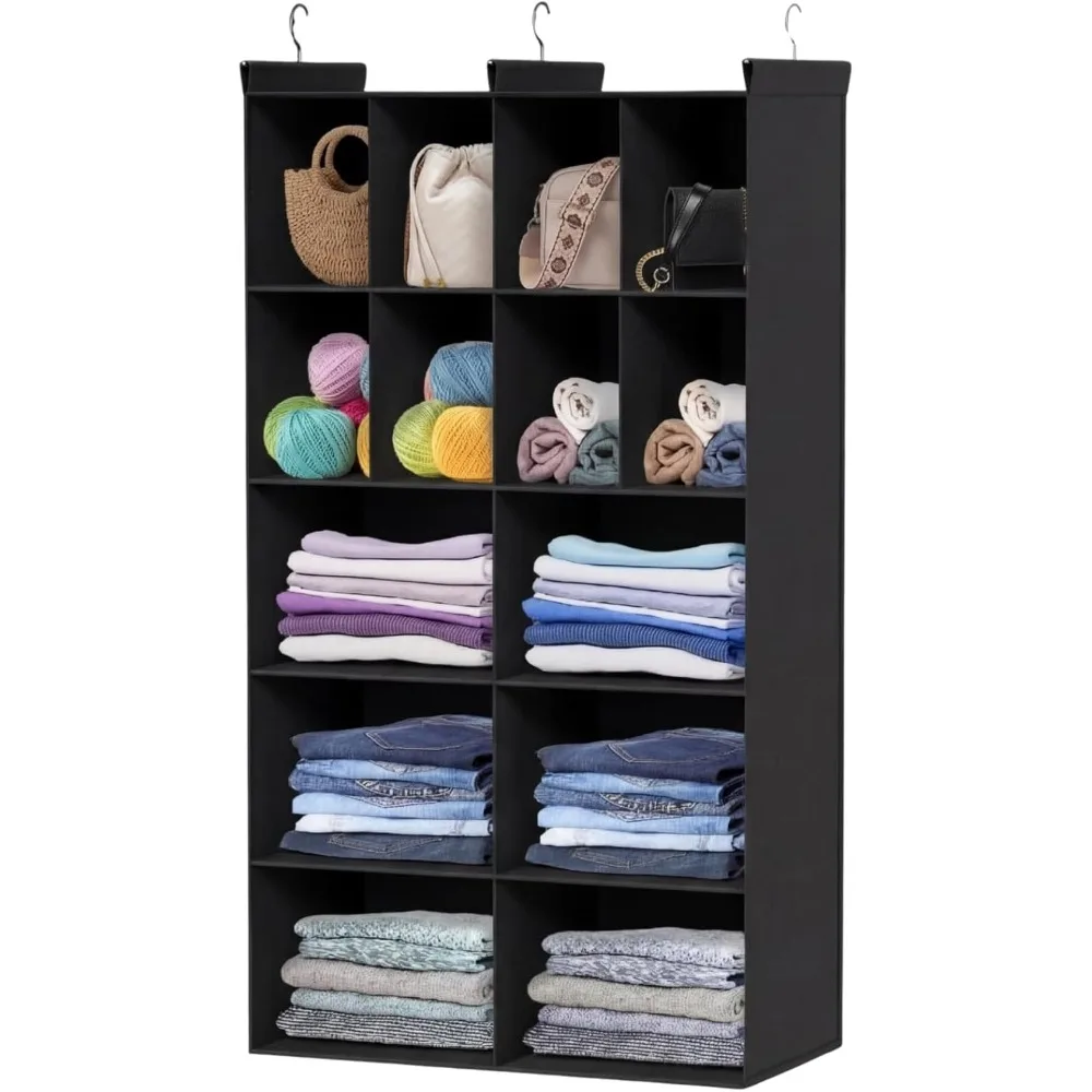 

5-уровневый подвесной органайзер для шкафа с 14 отделениями и 3 крючками для хранения вещей в гардеробе