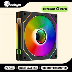 Veebyte PRISM 4 PRO Computer Chassis Fan 120mm 5V 3PIN ARGB 4 Pin PWM Quiet Cooling Fan 12V Large Air Volume 45.2CFM/600-1500RPM
