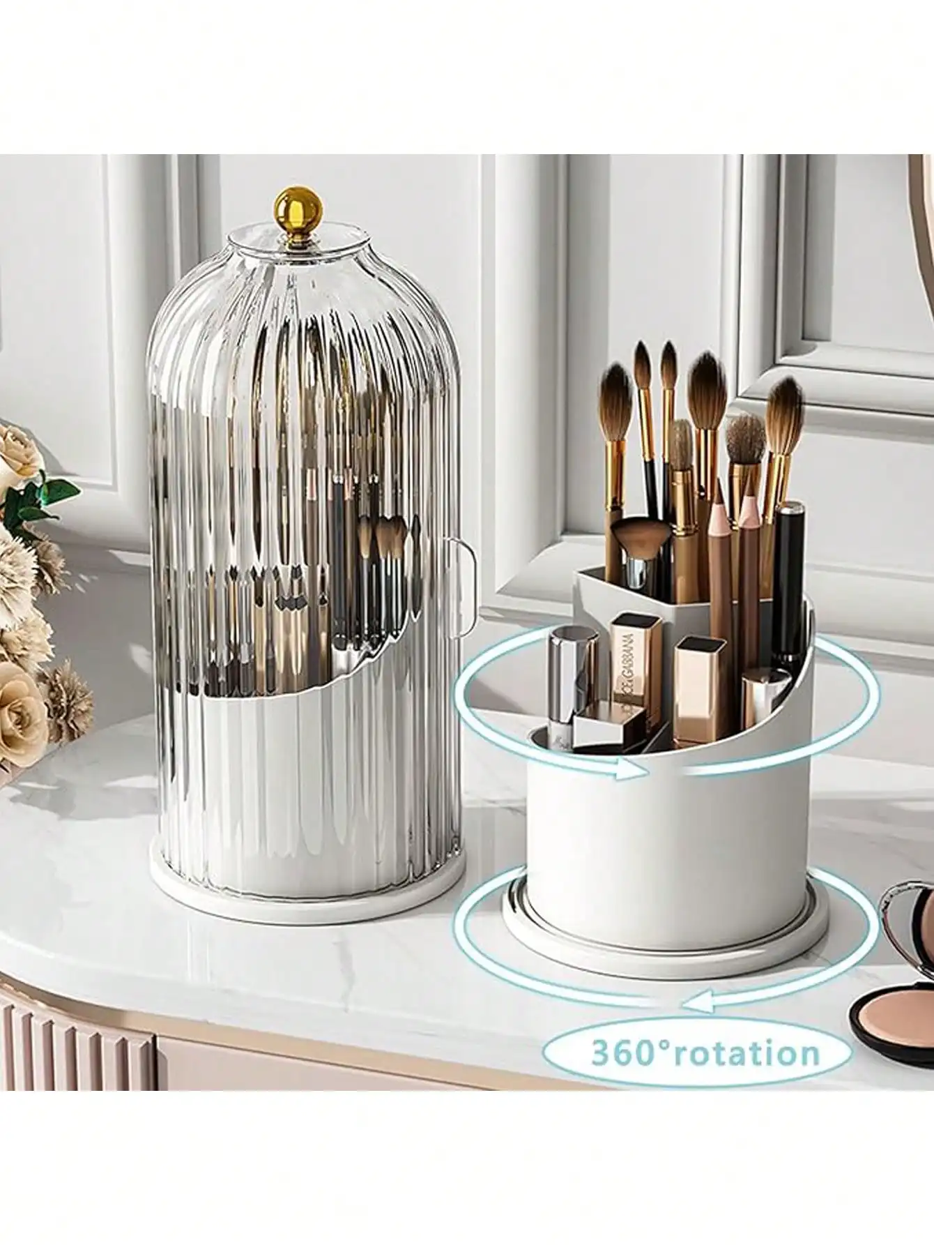 360 °   منظم المكياج الدوار |   تخزين مستحضرات التجميل الدوارة مع صواني قابلة للإزالة |   محمول للسفر والحمام