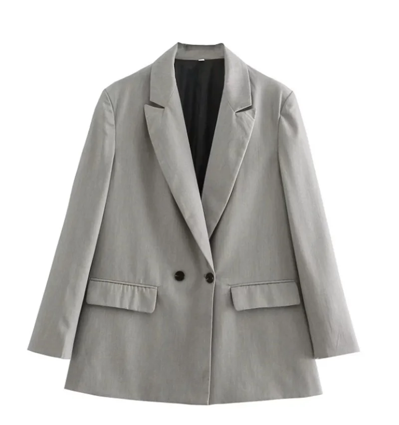 

Women Light Gray Suit Jacket, Casual Loose-Fit Notch Lapel Blazer with Front Pockets Button Closure, Elegant Office Outerwear