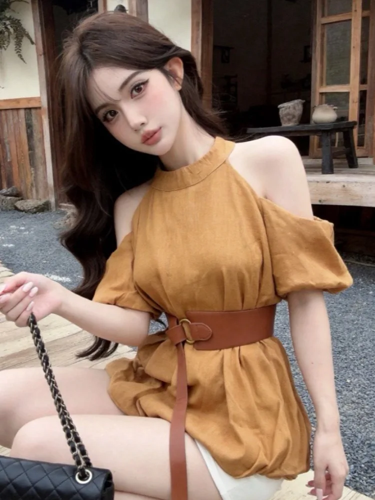 

Elegant Short Sleeve Shoulder Bared Shirt Women's Summer New Waist Cinching Versatile Design Drop Shoulder Top French Style