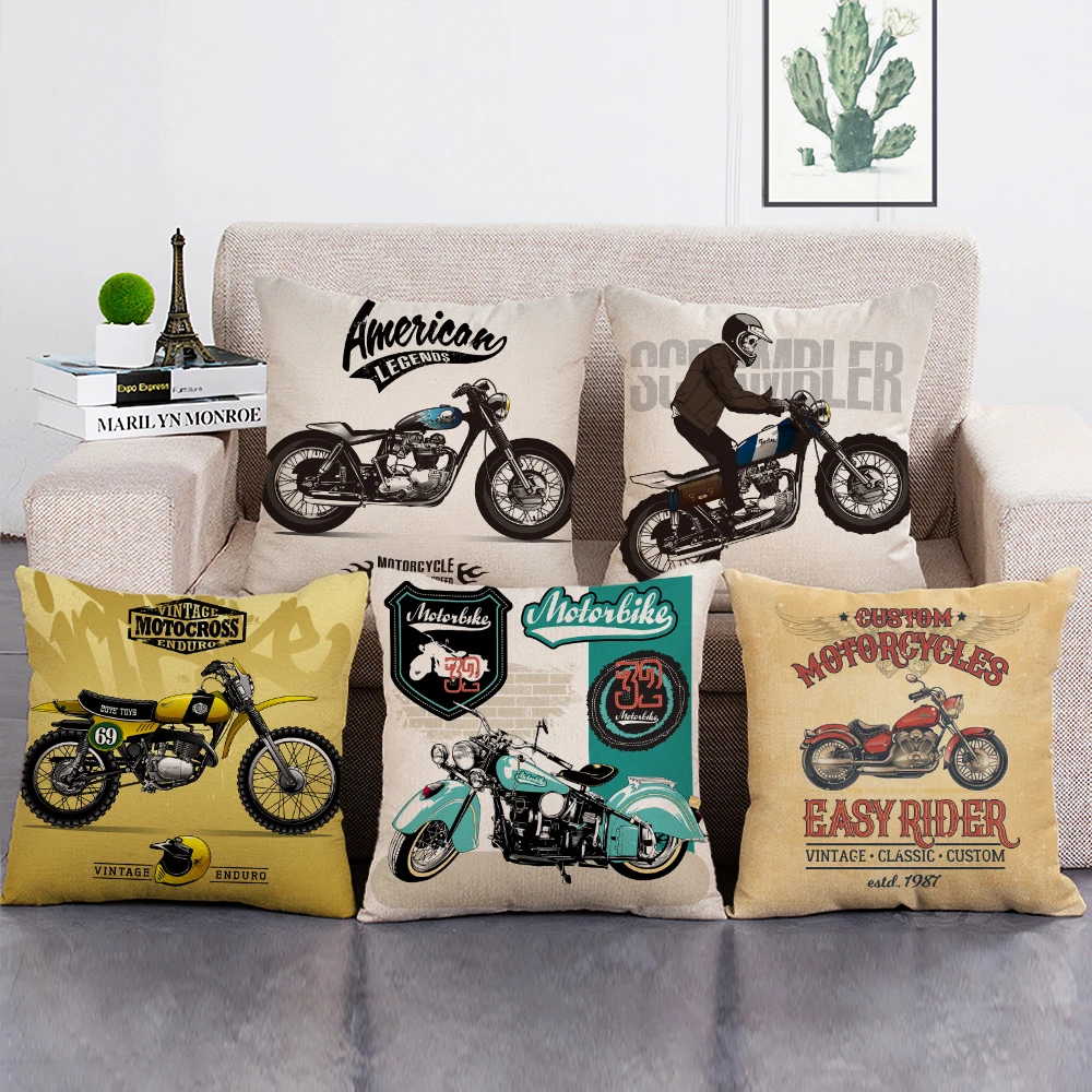 Retro Decorative Cushion Cover Cartoon Motorcycle Print Throw Pillow Case Mobile Bike Pillowcase for Car Sofa Home Decor