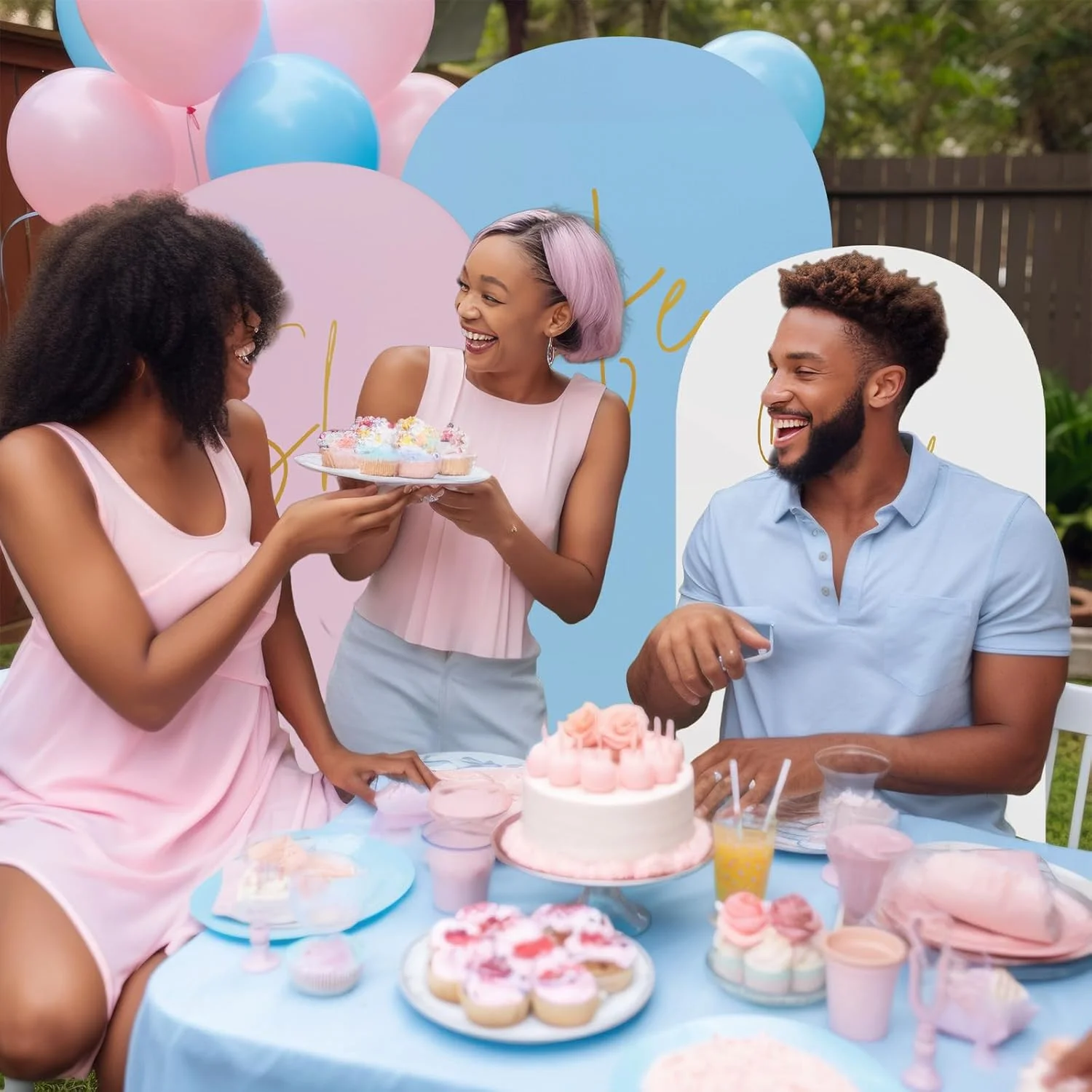 Copertura per arco rosa blu bianco Copertura per supporto per arco per rivelare il genere Sfondo per feste aderente in spandex Top rotondo per baby shower