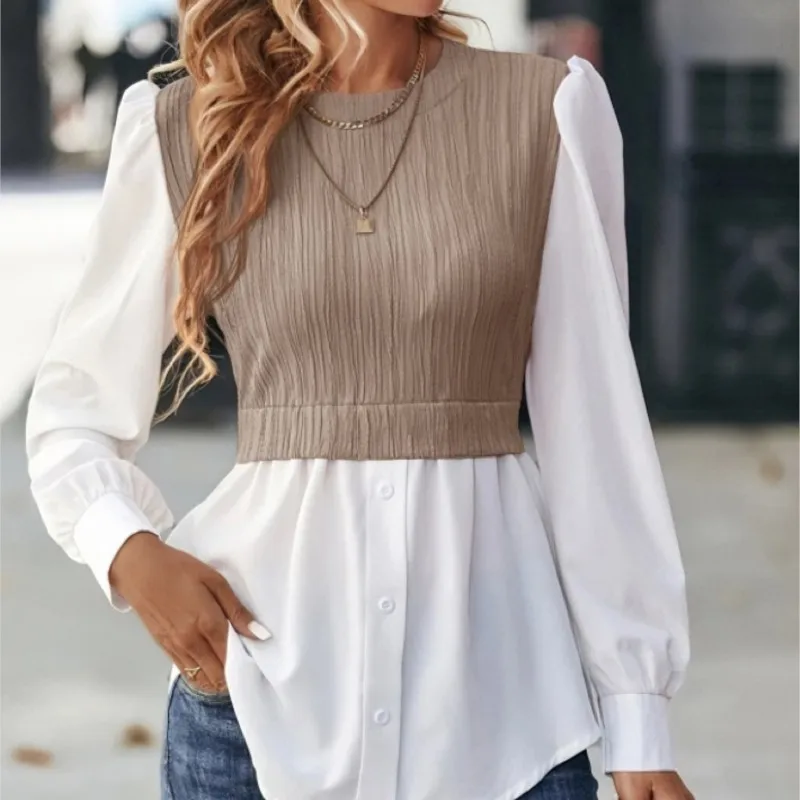 2025Women New Round Neck Wave Splice Fashion Tops Office Women's Shirt Leisure Blouse Elegantes Mujer Blusas Femininas Elegantes