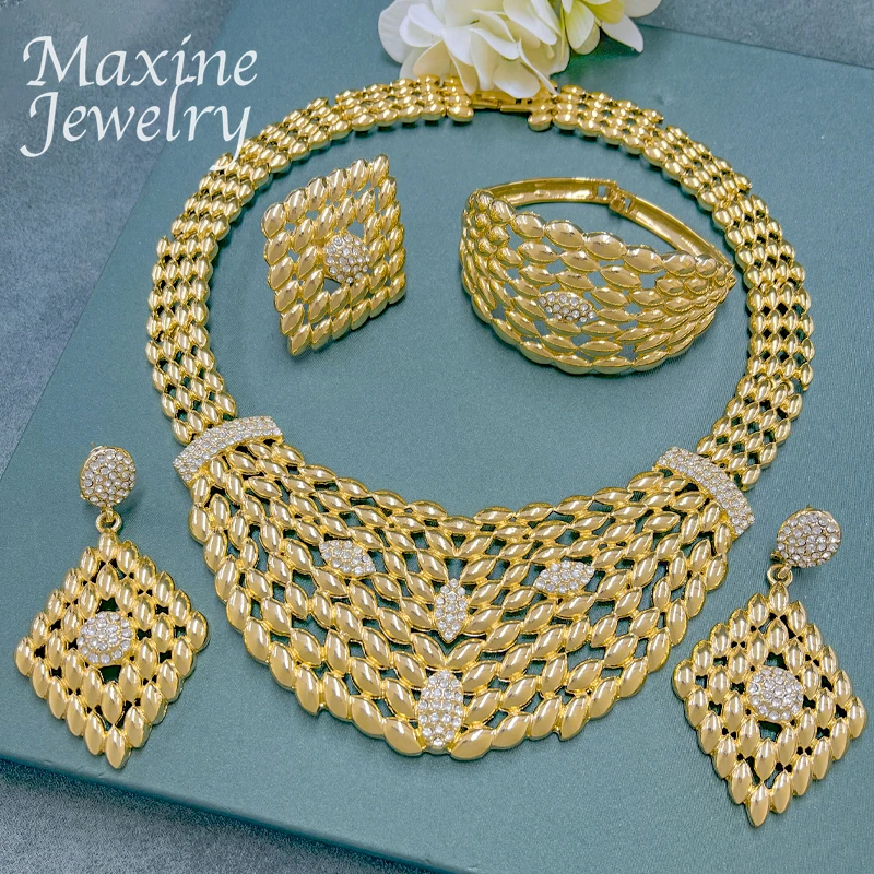 Luxury Dubai 24K Gold Plated Jewelry Set Necklace Earrings Bracelet Rings Eardrop Rhinestone Female Wedding Party Gift for Women