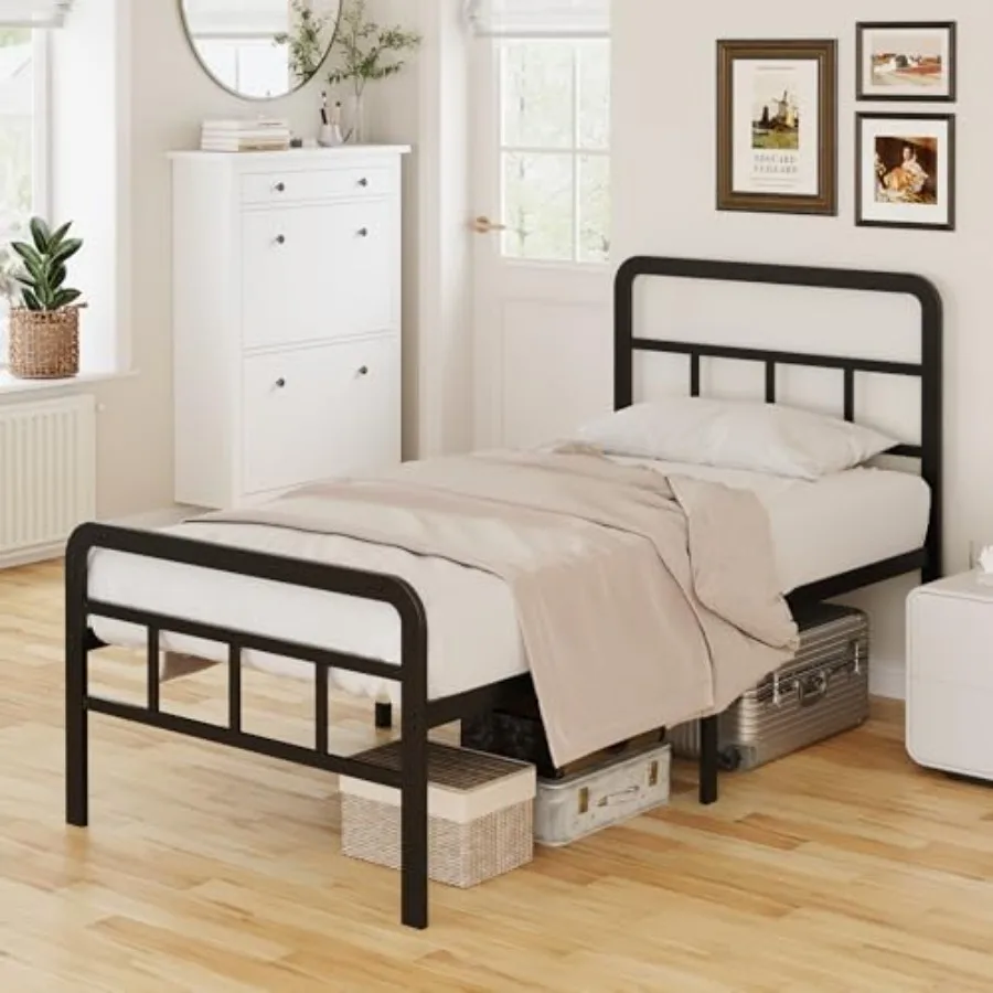 16 Inch Twin Size Bed Frames with Headboard and Footboard Heavy Duty Metal Slats Support Twin Platform No Box Spring Needed Eas
