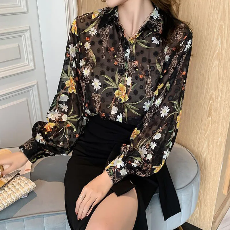 Elegant Fashion Lantern Sleeve Printing Button Women\'s Shirt 2024 Spring Summer Ladies Vintage Casual Turn-down Collar Blouses