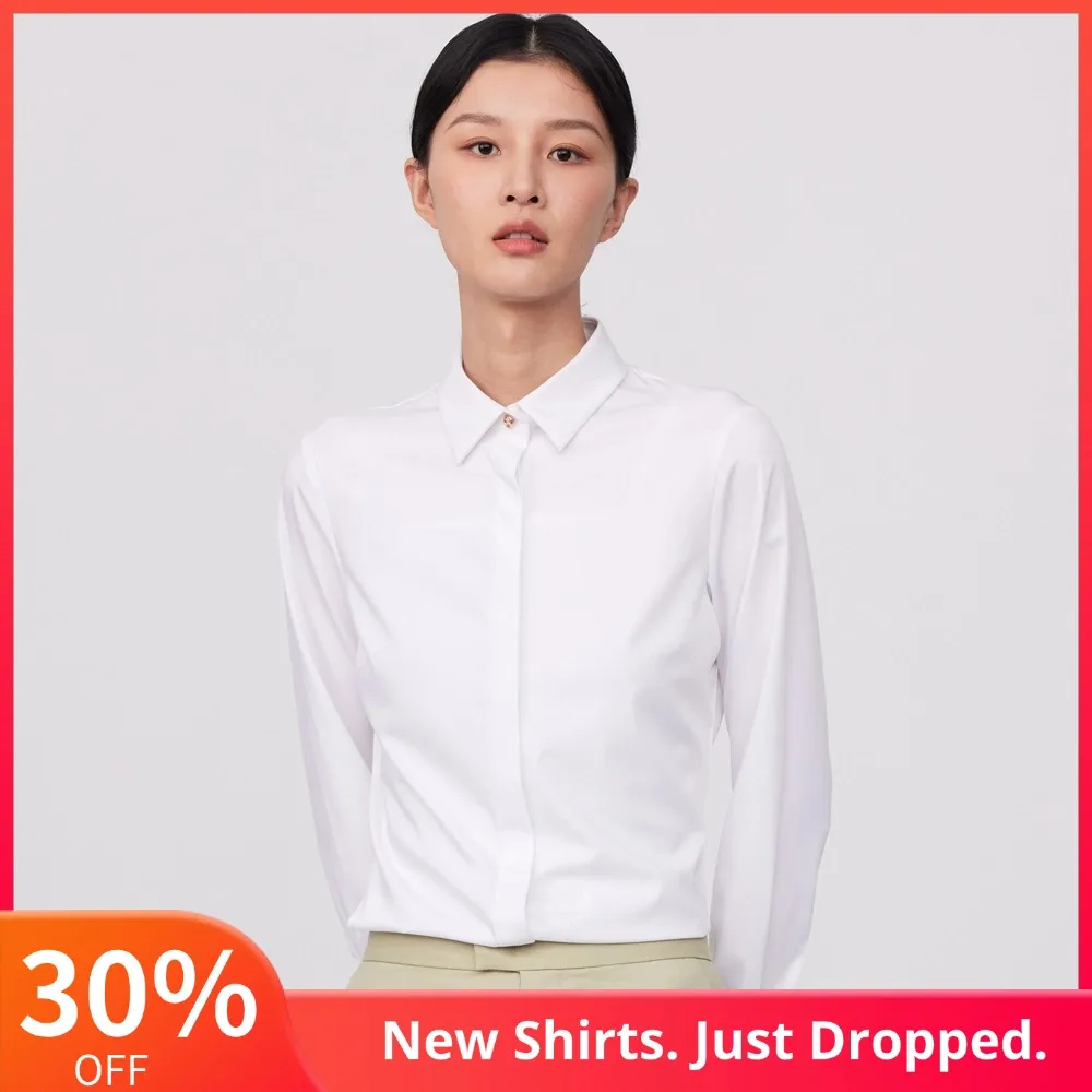 Bürokleidung für Damen, langärmelig, weißes Hemd ohne Tasche, verdeckte Knopfleiste, schmal geschnittene Stretch-Bluse, Oberteil für Damen