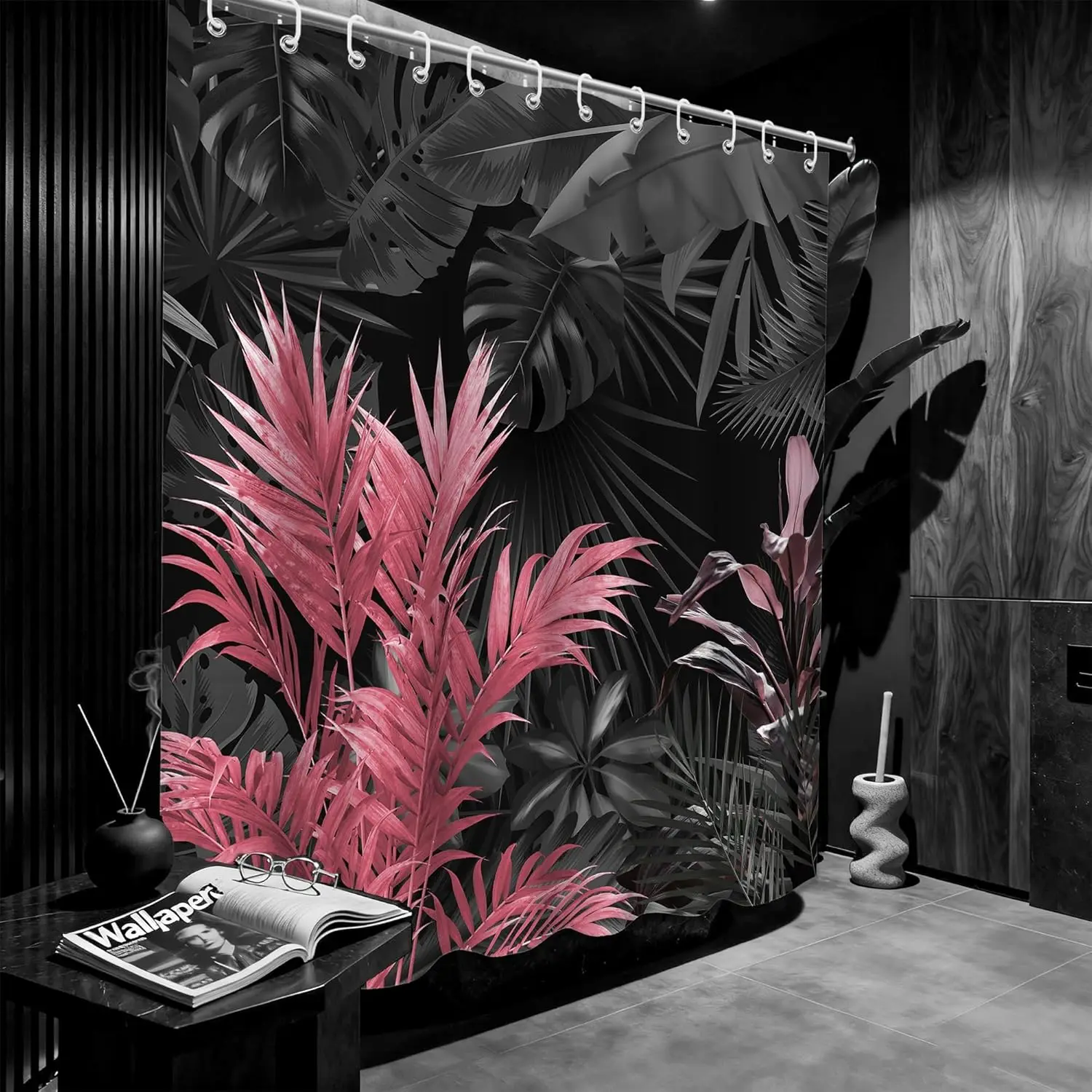 Pink & Black Tropical Shower Curtain – Bold Palm Leaves & Exotic Foliage, Dramatic Bathroom Decor 71x71 inch