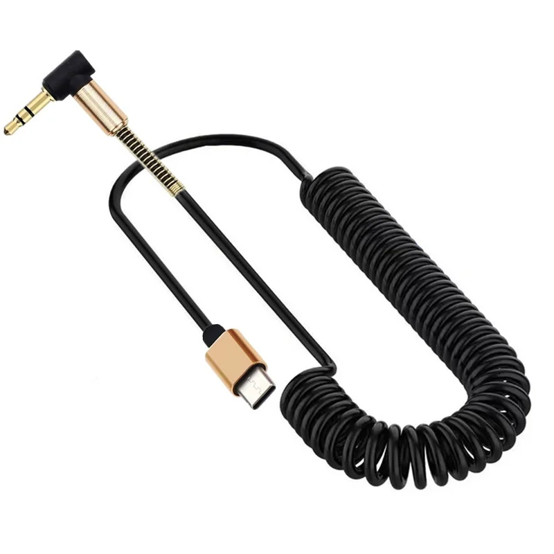 Spring Spiral Coiled USB C to 90 Degrees 3.5mm Extension Headphone Audio Aux Jack Stereo Cord Car Cable for Smartphone Device