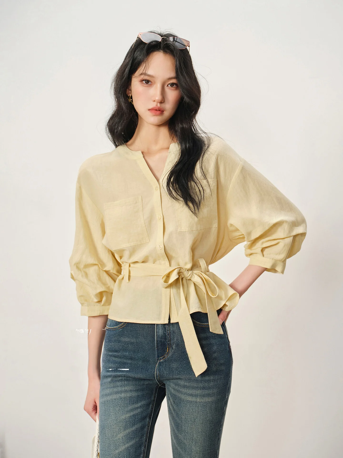 

Rabbit Yellow Waist-Cinching Casual Loose Slimming Thin Long Sve V-Ne irt for Women Spring Autumn Faion