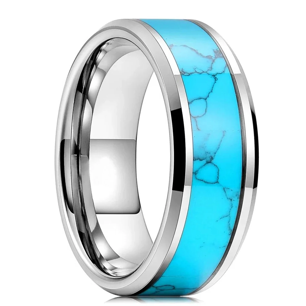 Moda 8mm uomini anelli in acciaio inossidabile intarsio blu turchese anelli per uomo donna matrimonio fascia di fidanzamento gioielli regalo