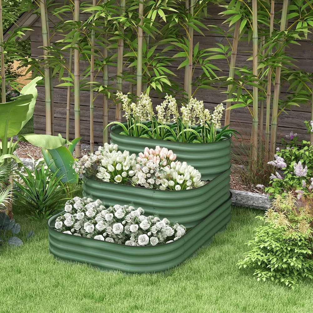 3-Tier Galvanized Steel Raised Garden Bed Planter Set Outdoor Compartment Design Deep Drainage System Herbs Vegetables Flowers