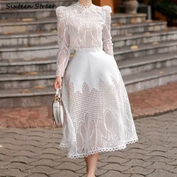 White Lace 2 Piece Sets Women Vintage Embroidery Flower Tops + High Waisted Skirts Ladies Party Elegant Design Skirt Sets