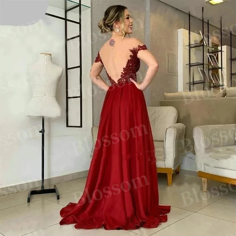 Tulle V-neck Gala dress Sexy backless Ball dress Decal floor-length off-the-shoulder cocktail dress