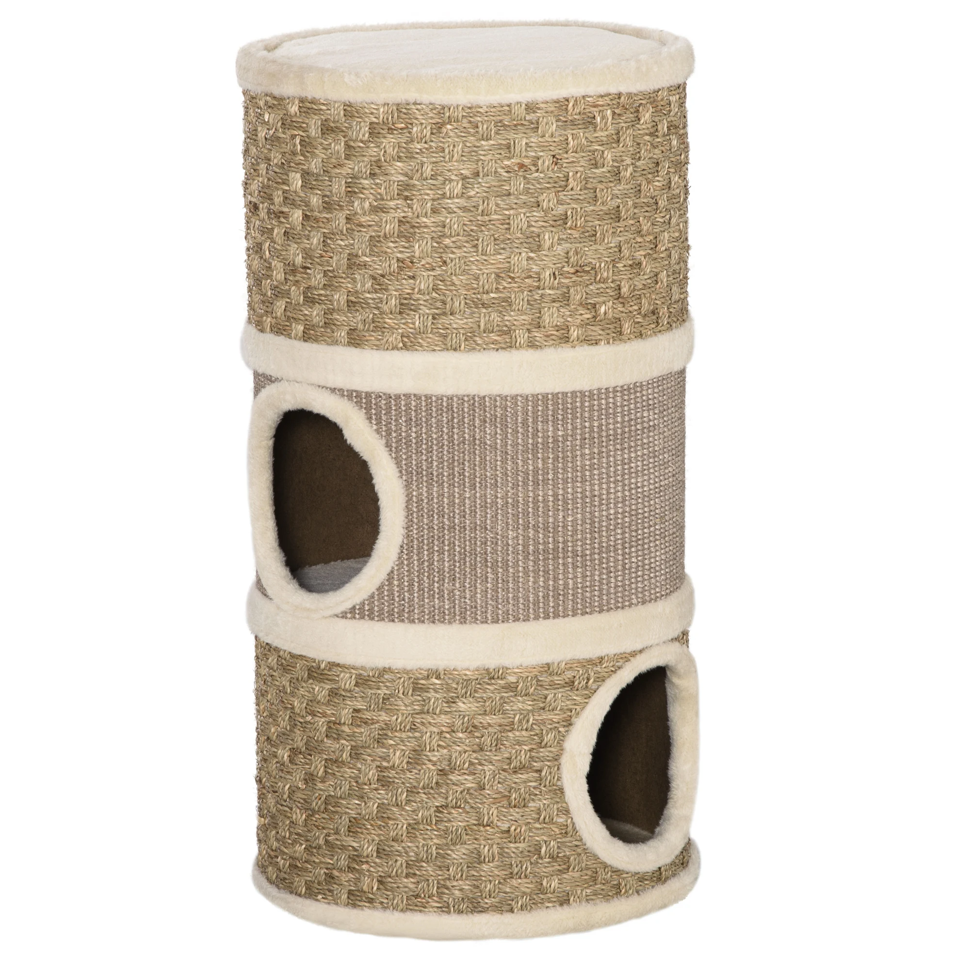 PawHut Tonneau à gratter pour chat arbre à chat sisal naturel et herbiers marins recouvert de peluche 37,5 x 37,5 x 70 cm kaki et café