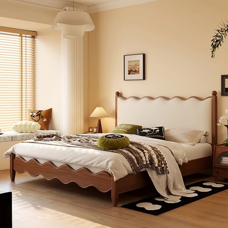Nordic Retro Solid Wood Beds Nordic Retro Genuine Leather Double French Ripple Bed Frame Queen Bedroom Furniture Camas FYBB