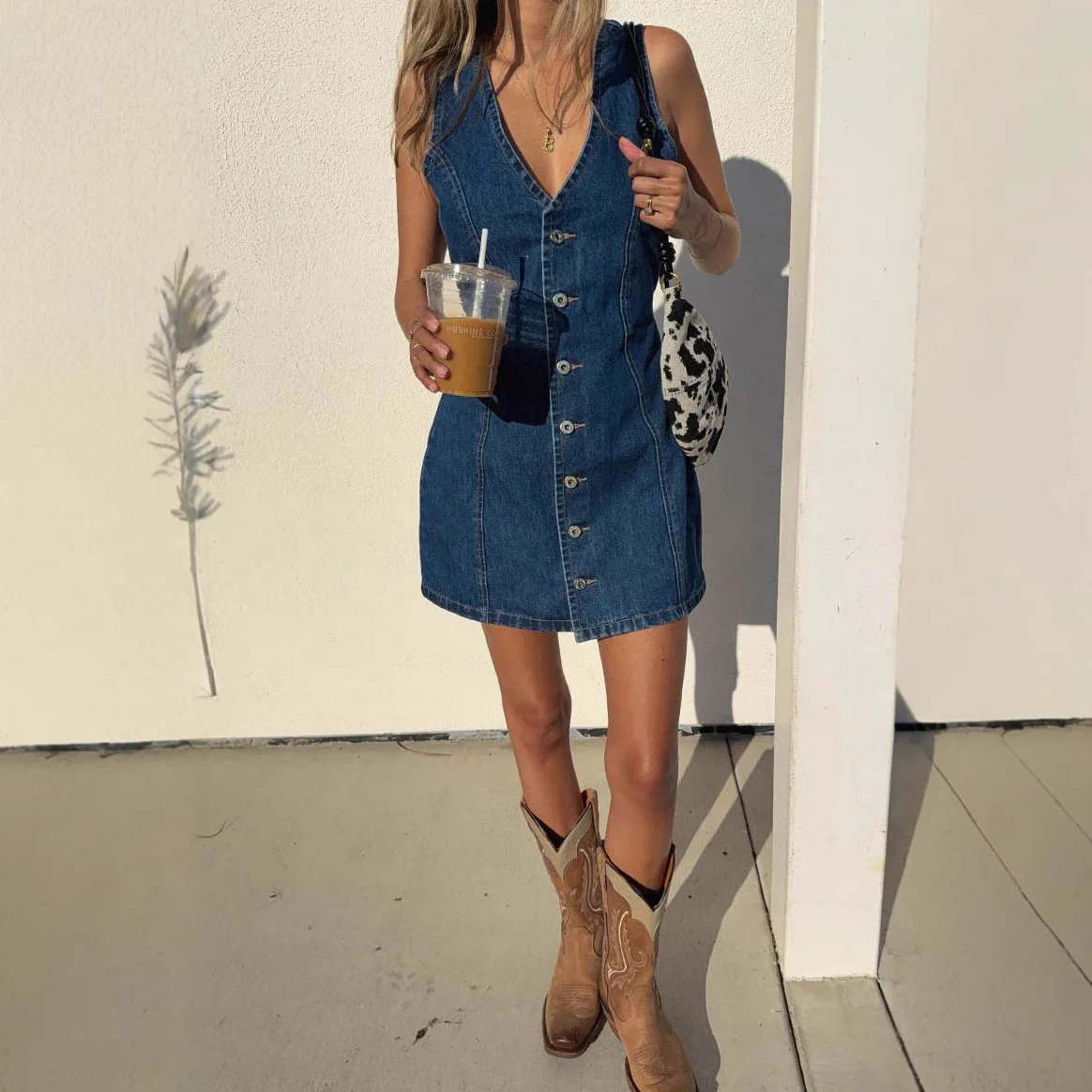 Retro And Fashionable European And American Spring And Summer Button-down Front-opening Lace-up And Waist Denim Dress For Women
