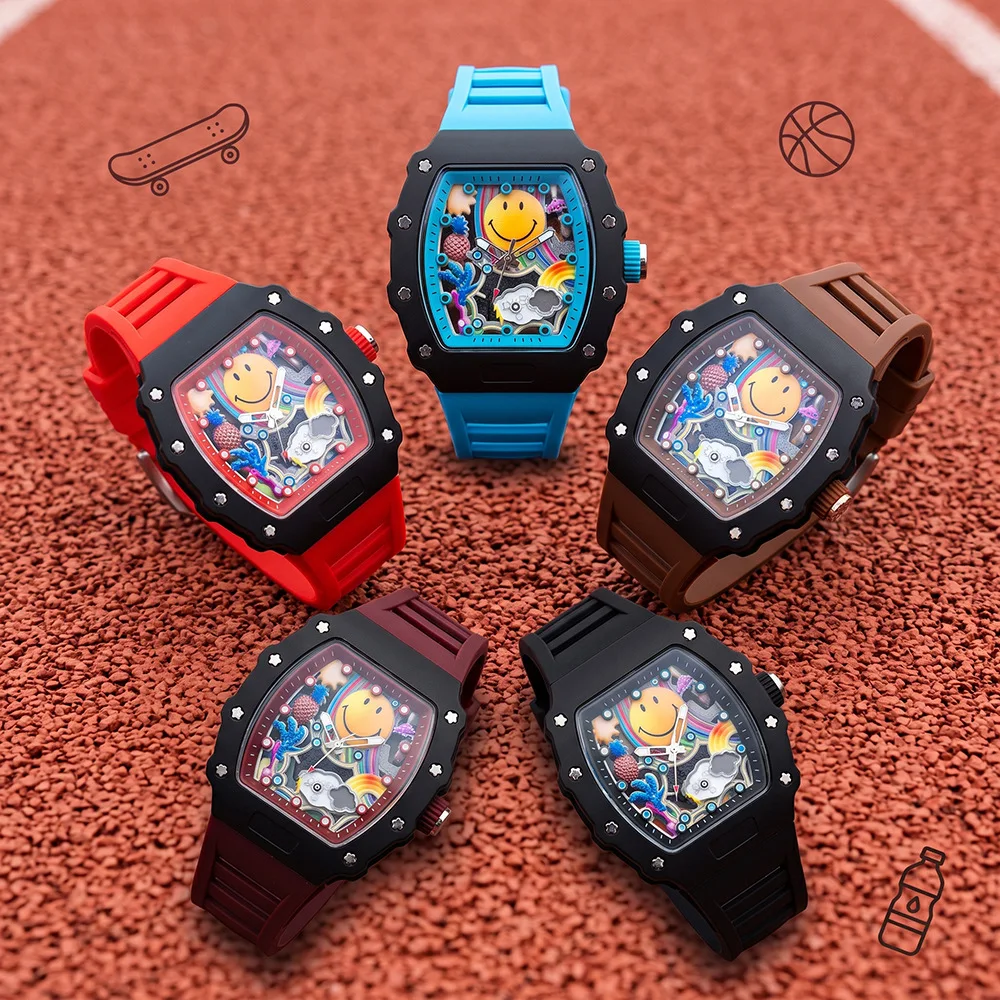 Herren-Quarzuhr im Weinfass-Design mit lächelndem, hohlem Silikonarmband