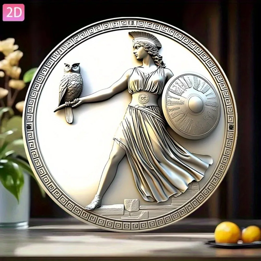 مسطح ثنائي الأبعاد، قطعة واحدة من تمثال الآلهة اليونانية العتيقة مع درع البومة من الألومنيوم - لوحة زخرفية مستديرة مقاس 8 × 8 بوصة