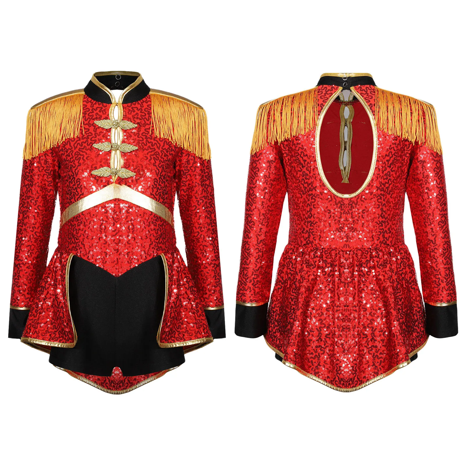 Kids Girls Circus Ringmaster Costumes Long Sleeve Fringe Shoulder Sequins Leotard Jumpsuit Bodysuit Carnival Cosplay Dancewear