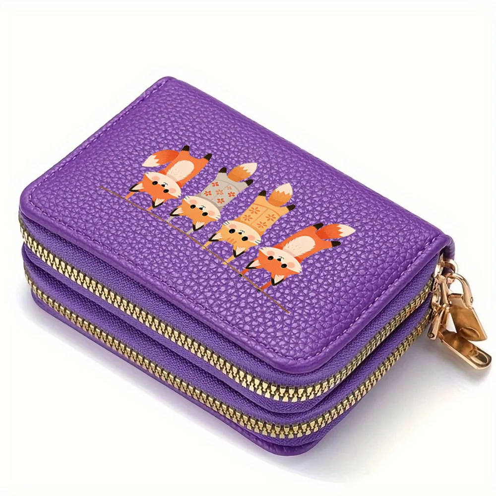 Pu Leather Double Zipper Women Card Wallet Cute Fox Print Coin Purse for Young Girls