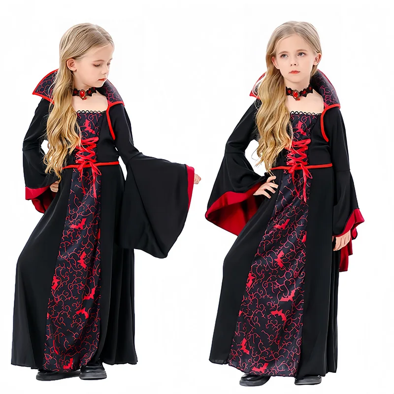 Pakaian Cosplay Vampir Gotik Kostum Halloween Hitam untuk Anak Perempuan Gaun Penyihir Antik Gaun Bertudung Anak-anak Tema Horor Pesta Karnaval