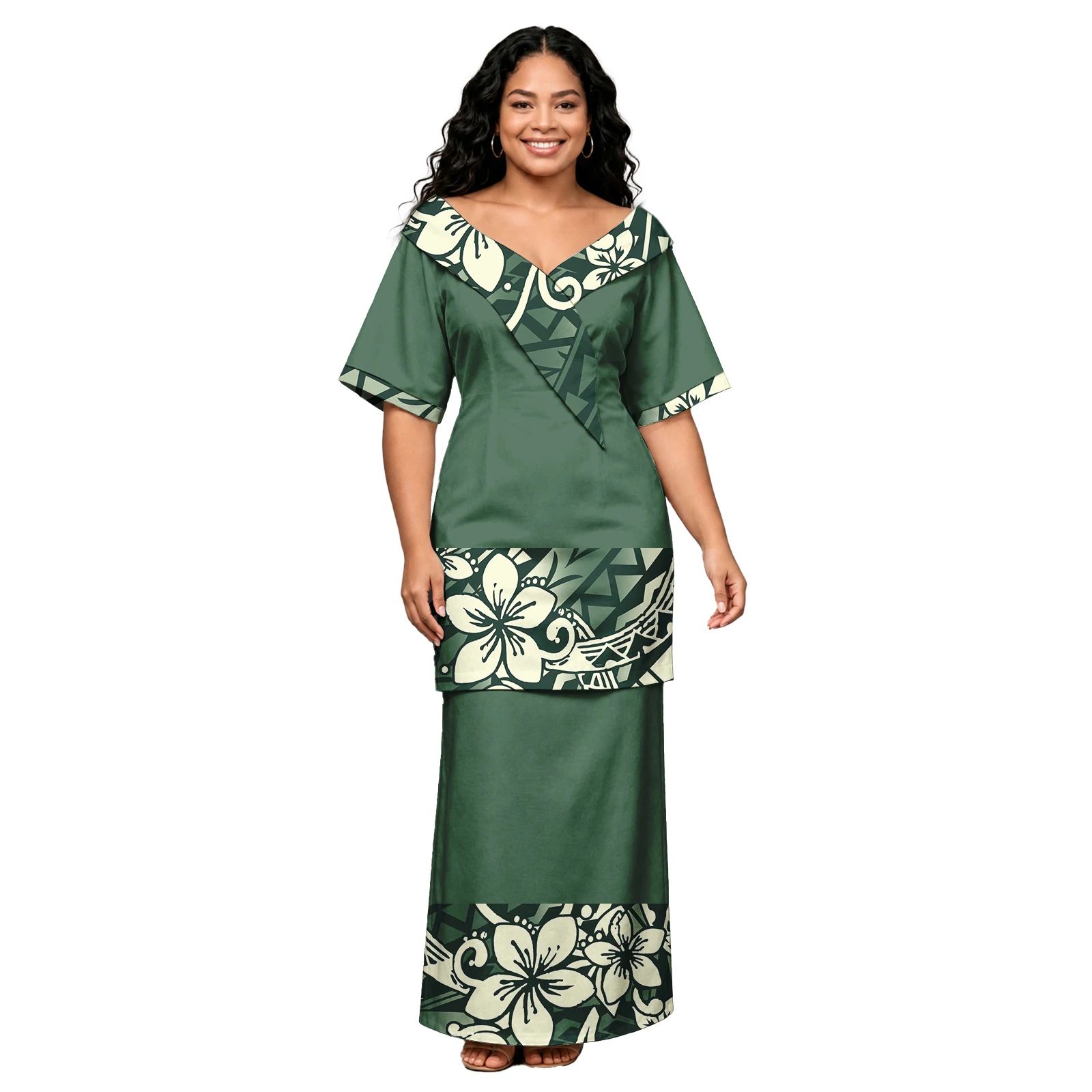 Low Price Custom Pattern Women Island Dress Pacific Classic Samoan Puletasi Polynesian Tribal Design Ladies Y-Neck Puletasi Set
