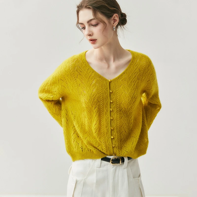 

Spring Autumn Women's 100% Cashmere V-neck Hollow-Out Cardigan Casual Loose Sweater High-Quality Classic Knitwear Fashion Coat