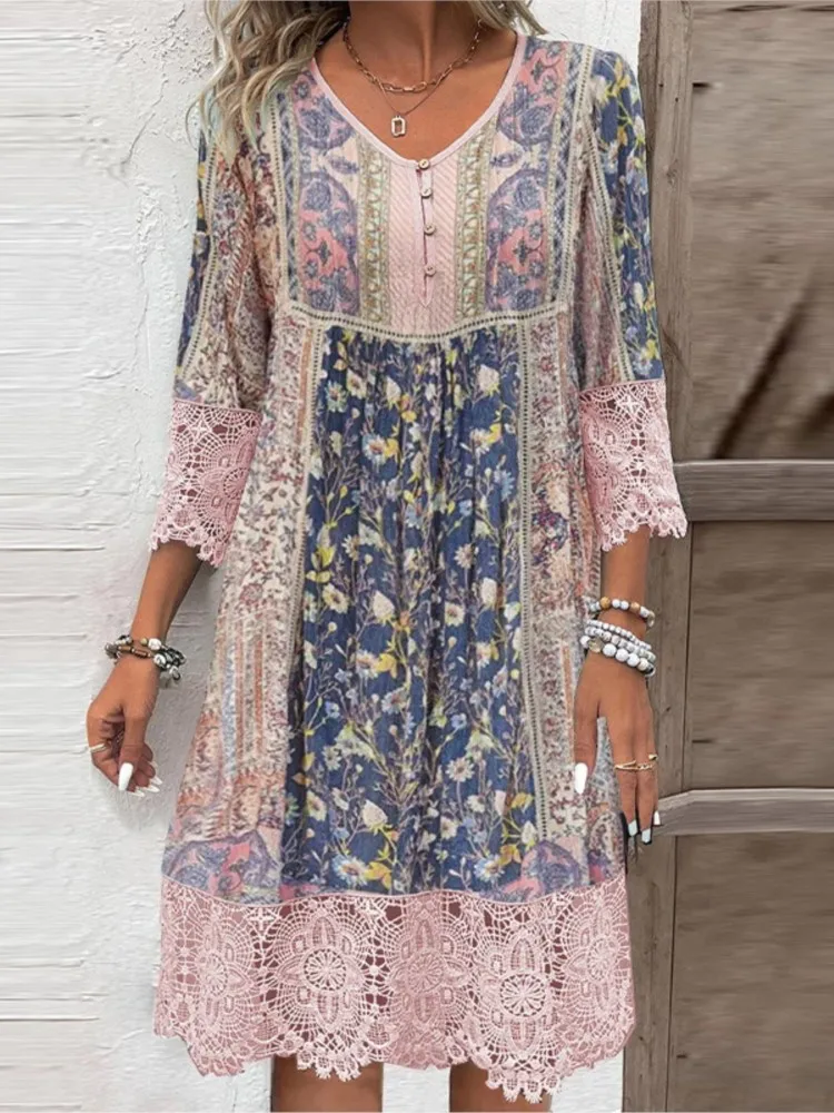 

Women's Vintage Lace Dress 2025 Spring Summer New Fashion Flower Print V-neck Loose Office Casual Loose Dresses Robe Femme
