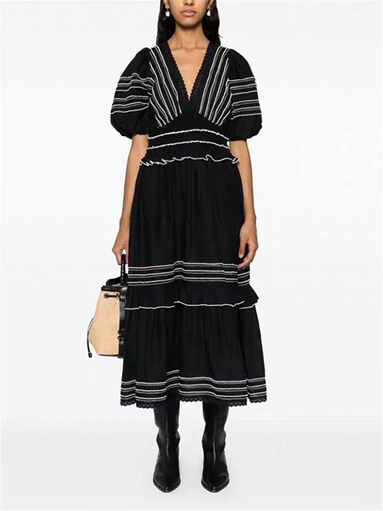 

Lady Contrast Stitching Lace Puff Sleeves Wrap Waist A-Line Long Robe 2024 Summer Ethnic Style Women V-Neck Pleated Midi Dress