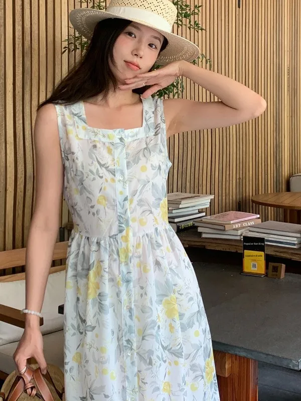 Retro Dongda Gate Lazy Square Collar Design Floral Vaion Sle Weste Dr Single Button Svel Dr Damen