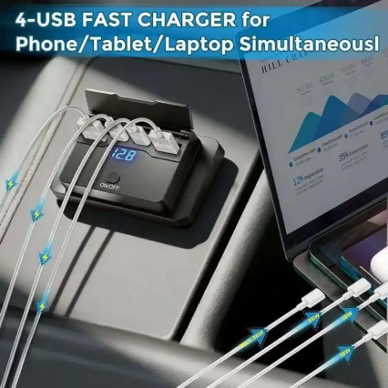 Car Charger Socket Adapter With Switch 4 Ports QC30 Fast Charging USB Outlet