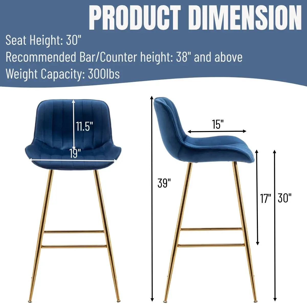 Velvet Bar Stool 30 Inch Navy Blue Upholstered Stool Gold Metal Legs Vertical Channel Curved Backrest Kitchen Island, Customized