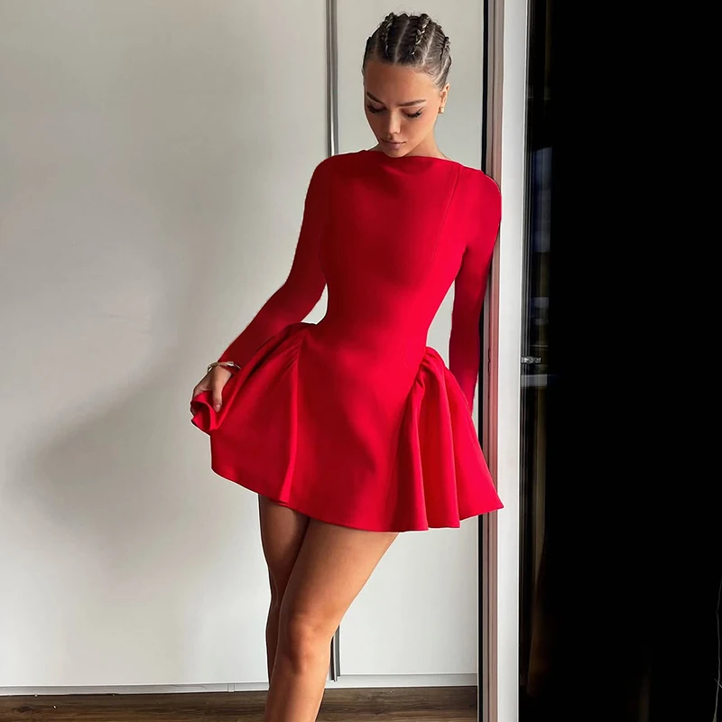 TARUXY Elegant Bodycon Mini Dress For Women A-line Hem Splice Fashion Red Gown Dress O Neck 2024 Autumn New Long Sleeve Dress