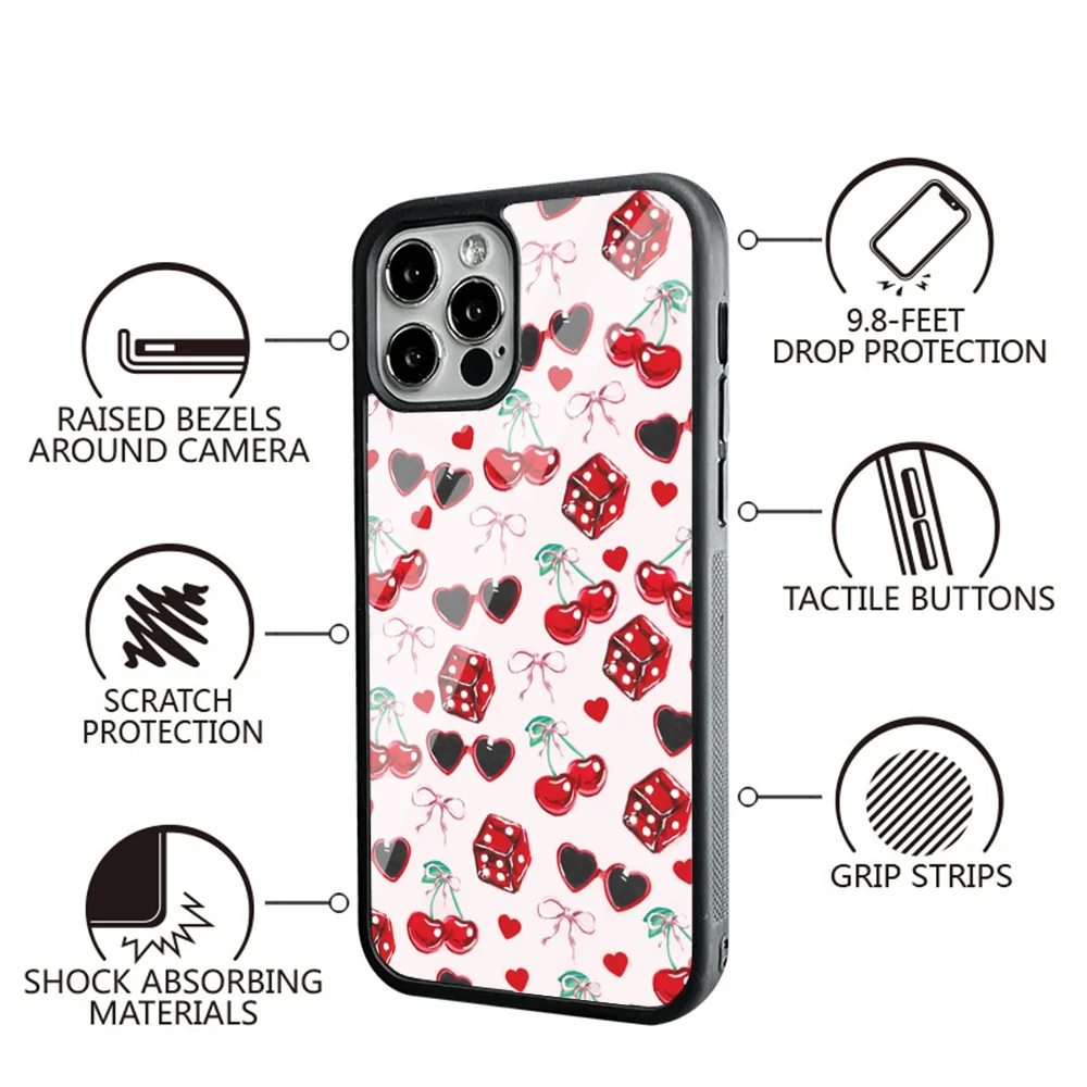 Cherries Hearts Dice Bows Phone Case For IPhone 11 12 13 14 15 Plus Pro Max Mirror Acrylic PC TPU Cover