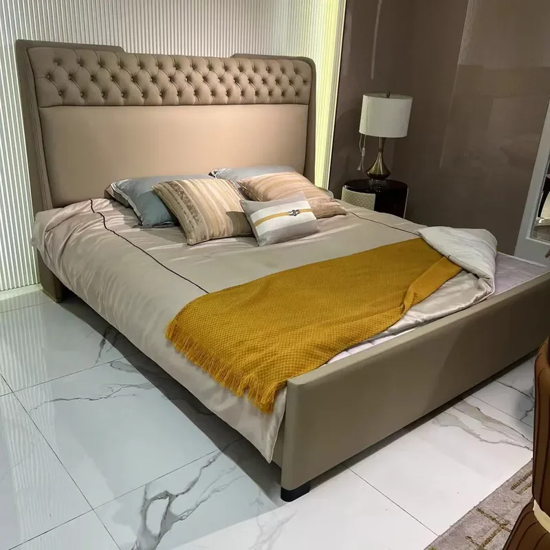 for Italian Light Luxury Solid Wood Leather Bed Modern Simple Bedroom Furniture High PC and Console Game Villa Design Buckle