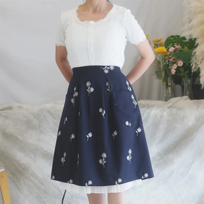 Retro Embroidered Cotton Apron Half-length Simple Overalls Floral Workwear  Style Women's Hanfu Skirt Half-length Design