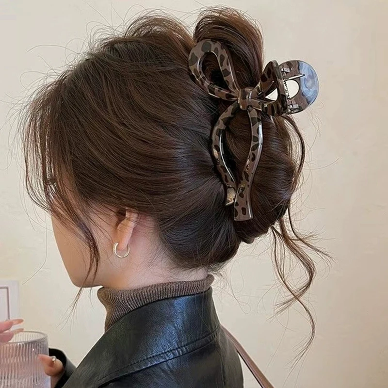 Neue Pferdeschwanz Leopard Schleife Große Haar Klaue Krabbe Haar Zubehör für Frauen Zurück Kopf Shark Clip Haarnadeln Mädchen Haarspangen Stirnbänder