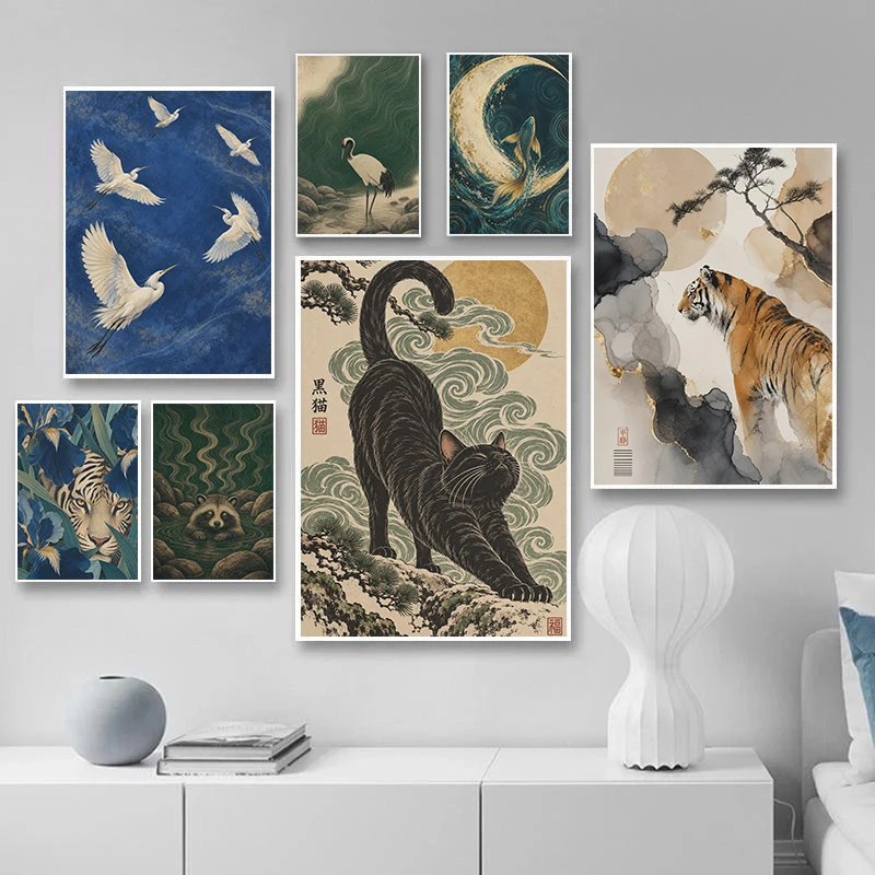 Vintage Zen Animal Black Cat Stalking Frog Posters Tiger Ink Wash Prints Canvas Painting Wall Pictures Home Living Room Decor