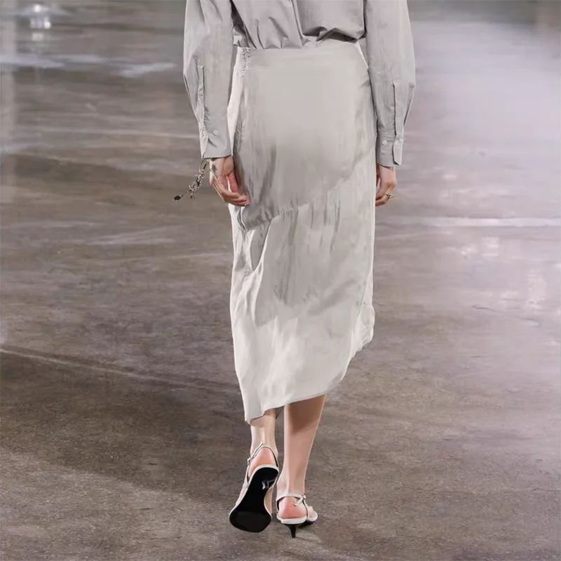 New Summer Women's Embroidered Asymmetric High Waist Midi Skirt Street Sle Straight Leg mid Length Pure Color Other Material