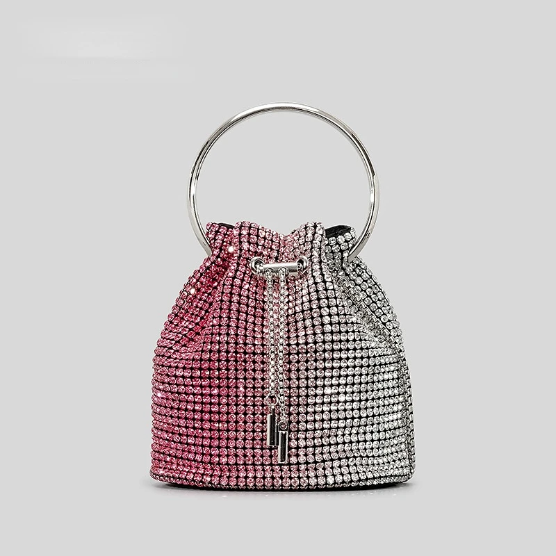 Diamond Tassel Evening Clutch Bag Round Handle Crystal Bucket Bag Luxury Designer Handbags Rhinestone Chain Wedding Party Bag