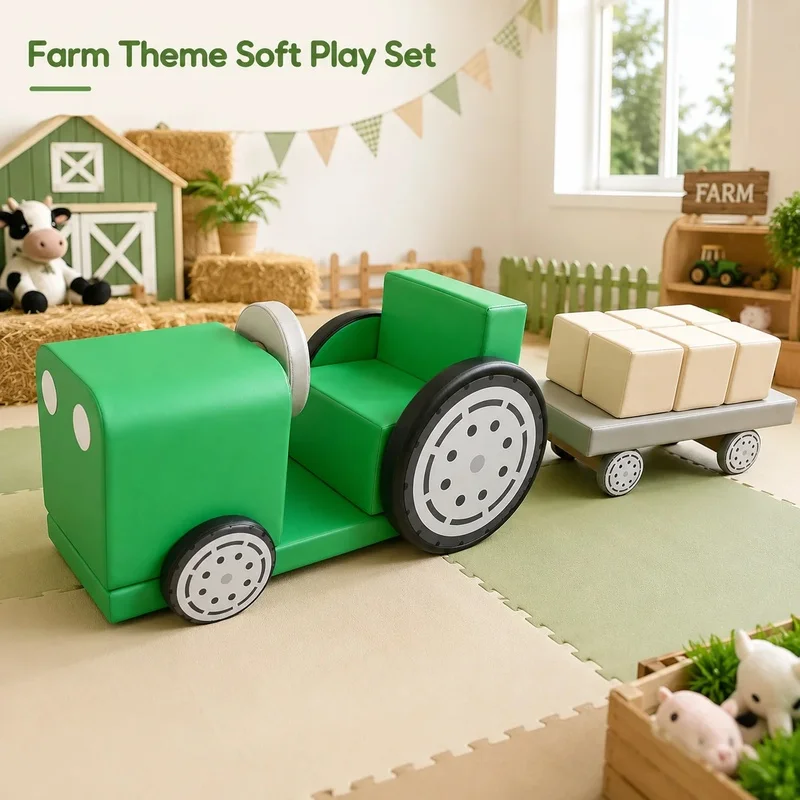 Wholesale Farm Theme Ride-On Commercial Tractor Soft Play Equipment with Trailer Blocks for Indoor Playground and Event Rental